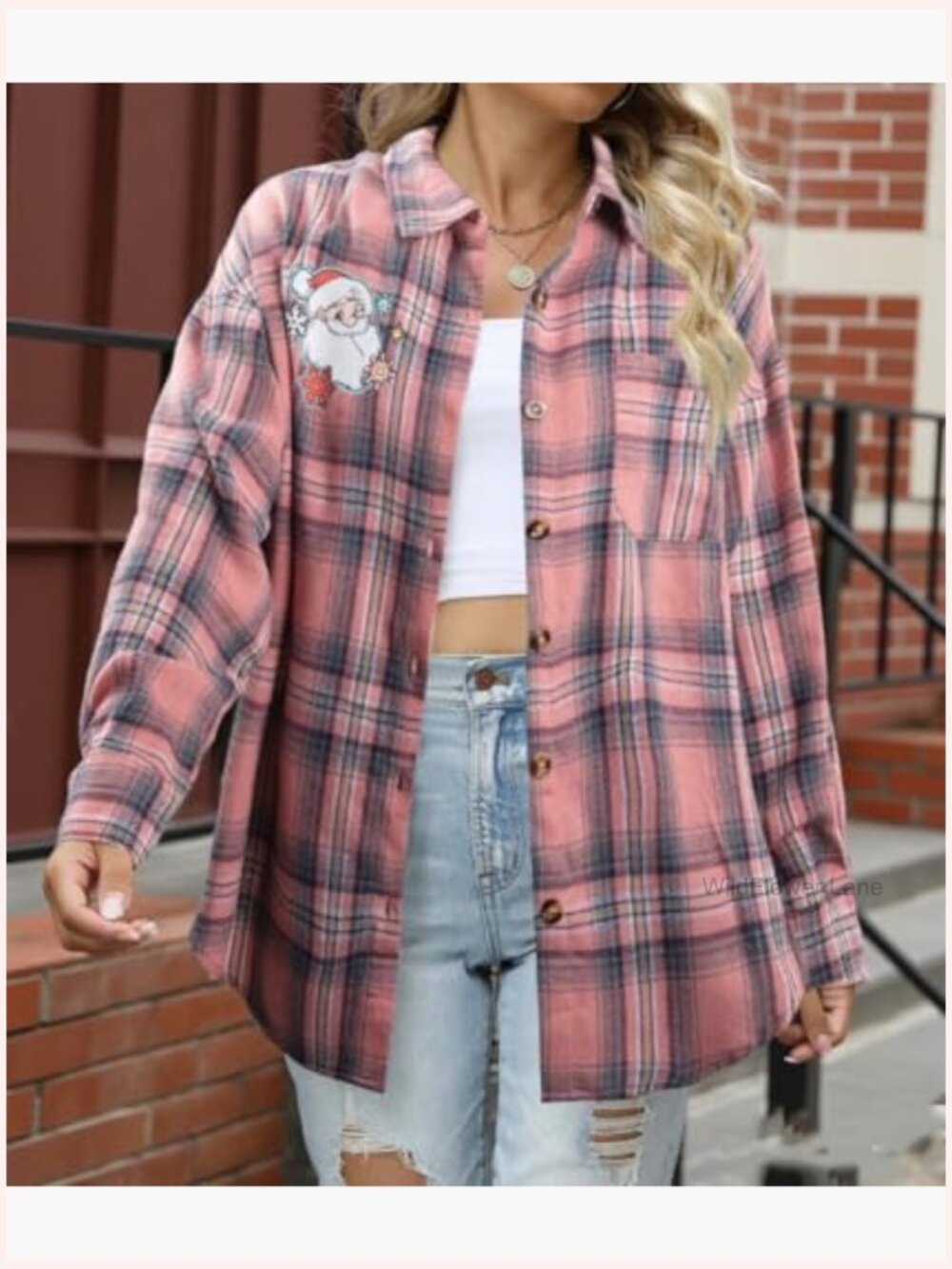Women's Long Sleeve Button Down Plaid Shirt Santa Collar Blouse - Picture 4 of 6